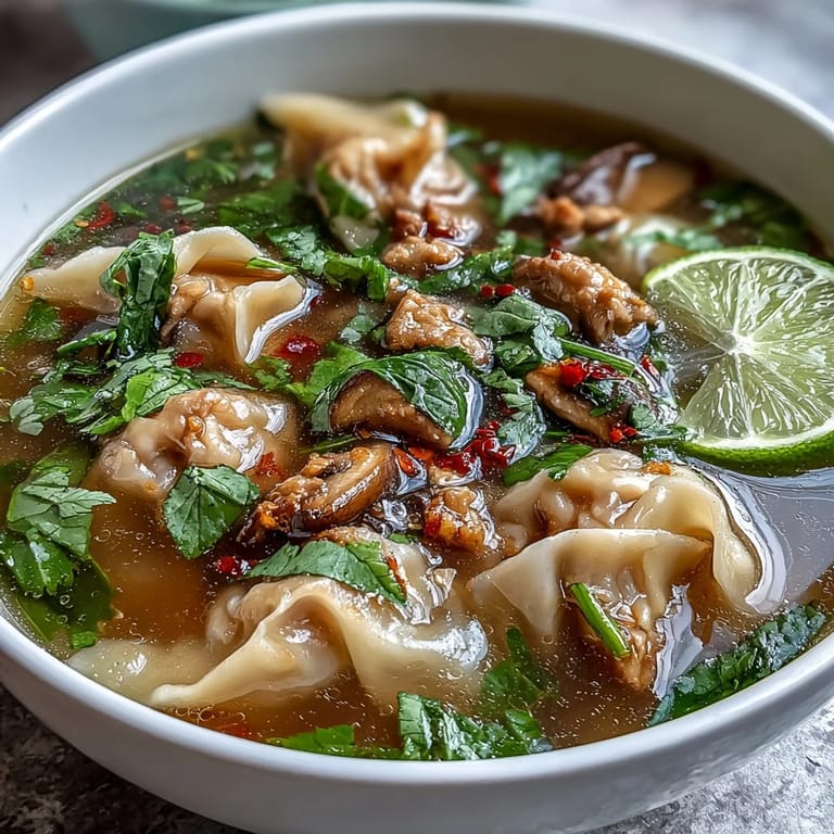 Overhead view of Tom Yum Wonton Soup garnished with cilantro and spring onions, highlighting the colorful ingredients in the broth.