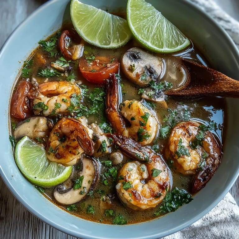 Spicy and sour Tom Yum Soup with vibrant red broth, lime wedges, and cilantro garnish.
