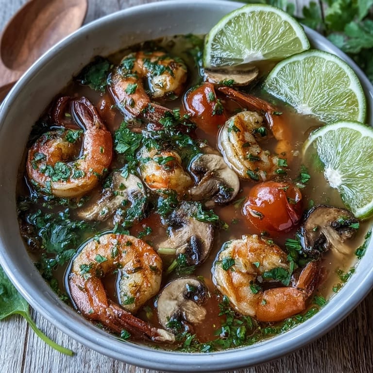 Clear Tom Yum Soup with tender shrimp, sliced mushrooms, and aromatic lemongrass.