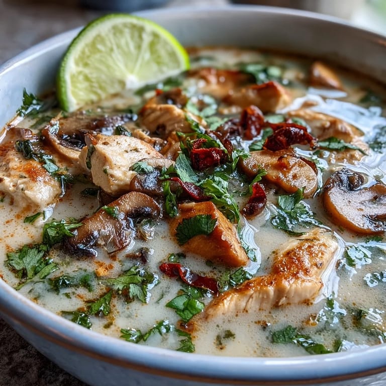 Spicy Tom Kha Soup with coconut cream broth, fresh chilies, and herbs, served with lime wedges.