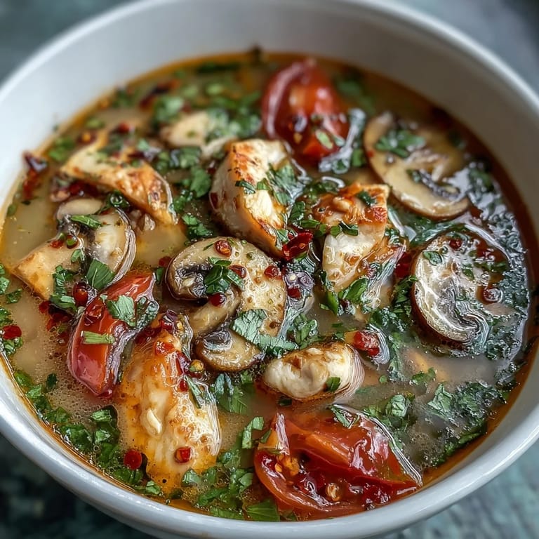 Close-up of spicy-sour Tom Yum Gai broth with lemongrass and lime wedges.