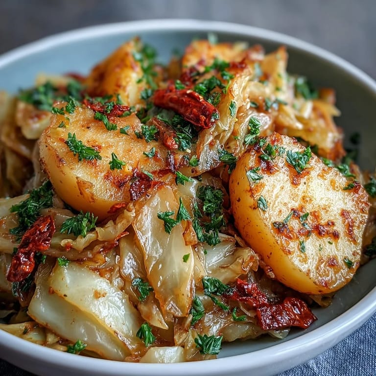 Hearty Braised Cabbage With Potatoes and Chili on a rustic plate, showcasing tender cabbage and soft potatoes with a comforting, warm chili steam.