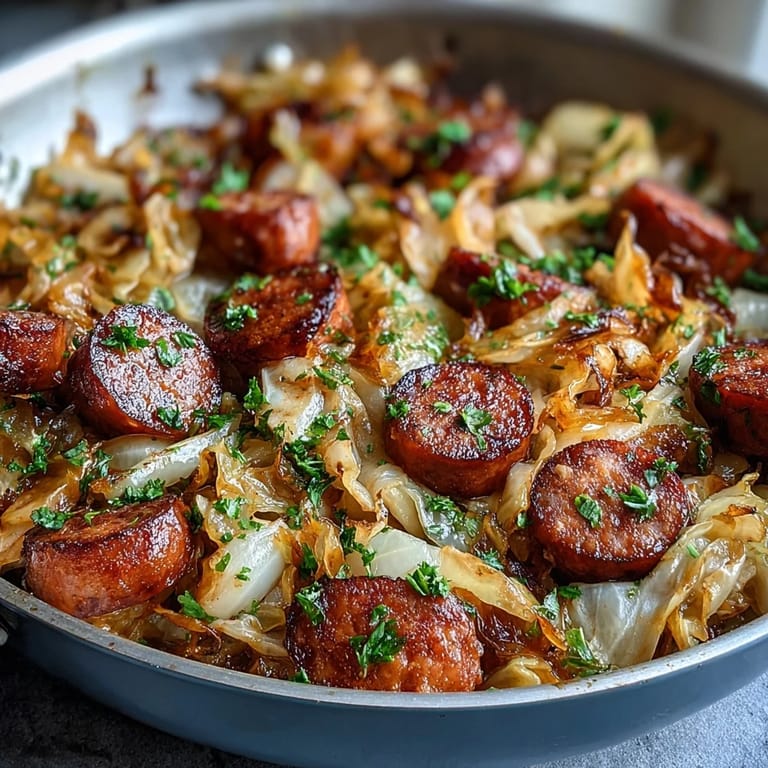 Sizzling sliced sausage and sweet onions mingle with wilted cabbage in this Smothered Cabbage With Sausage Skillet.