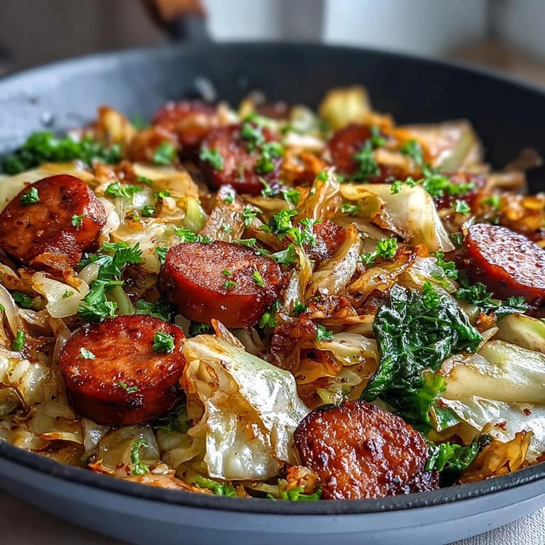 A close-up of Smothered Cabbage With Sausage Skillet served hot, garnished with herbs, beside mashed potatoes.