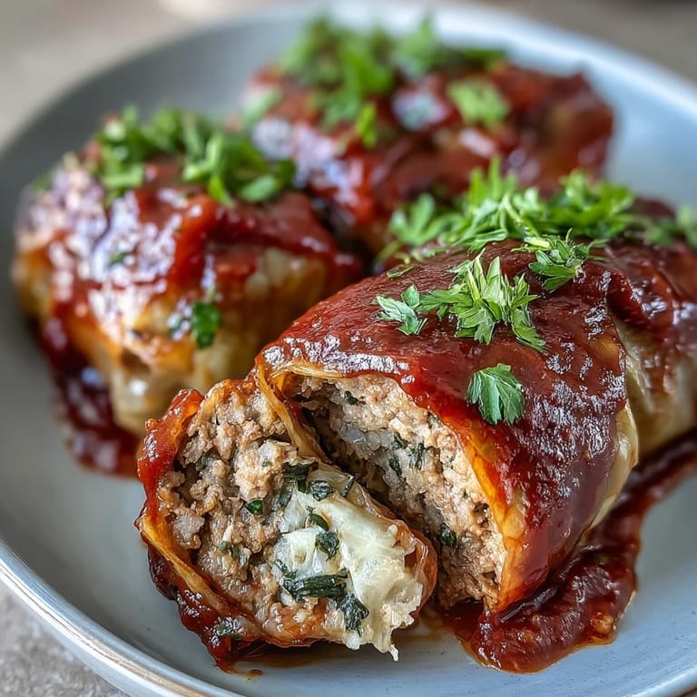 Tender cabbage rolls with savory meat and rice filling, served steaming hot.