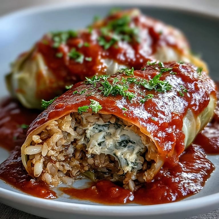 Freshly baked Baked Vegan Cabbage Rolls garnished with chopped parsley and thyme sprigs.
