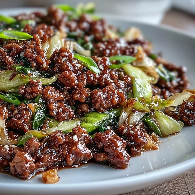 Fork-tender Chinese Ground Beef and Cabbage Stir-Fry with crisp cabbage ribbons and browned beef, fresh ginger and garlic adding bright, aromatic flavor.