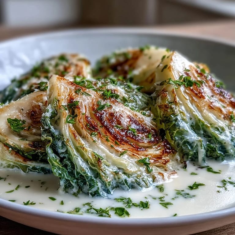 Spoon-tender Herby Cabbage in Parmesan broth, served in a shallow bowl with extra Parmesan.