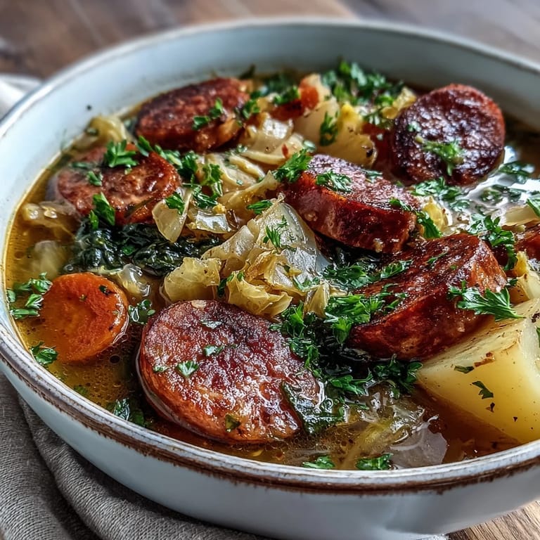 Fork-tender potatoes and green cabbage swim in a rich broth with smoked sausage slices.