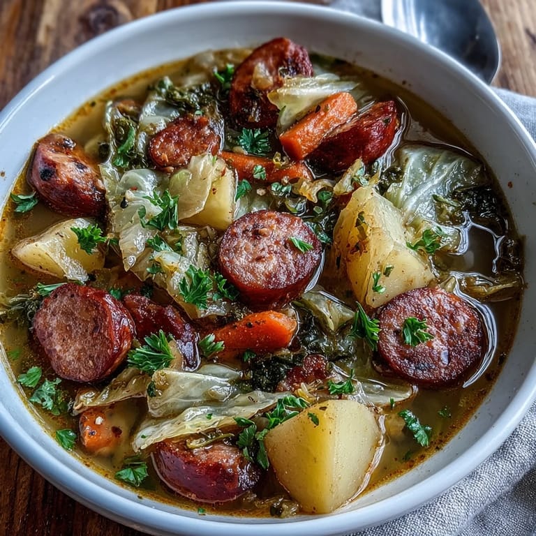 Steaming bowl of rustic soup featuring savory kielbasa, carrots, celery, and chunky potatoes.