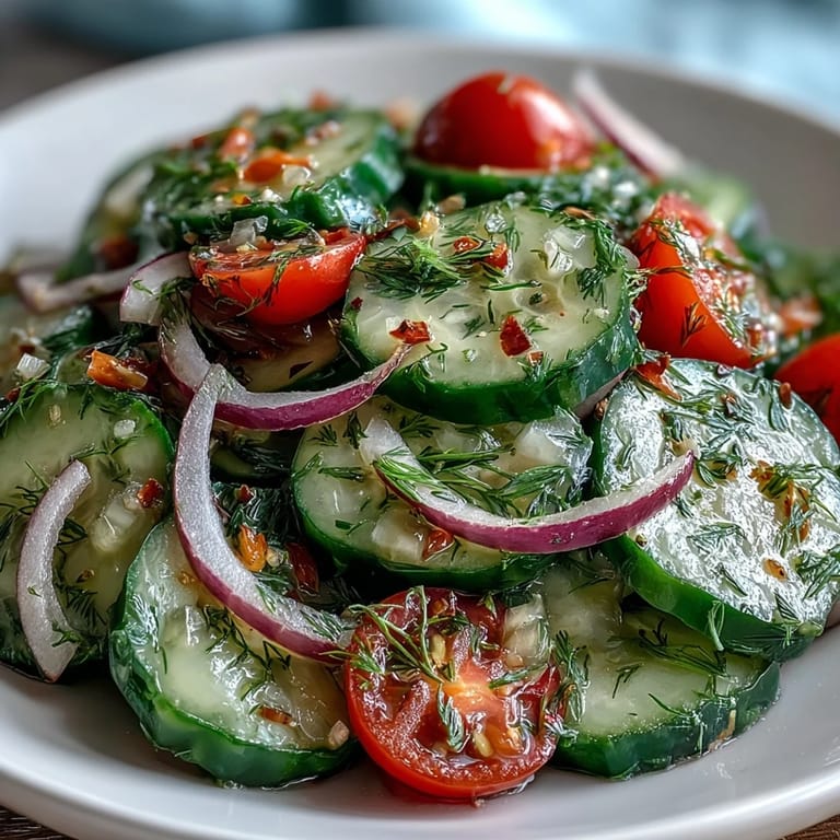 Vibrant, gluten-free Refreshing Crunchy Cucumber Salad with crisp cucumbers and red onion tossed in a tangy, sweet vinaigrette dressing.