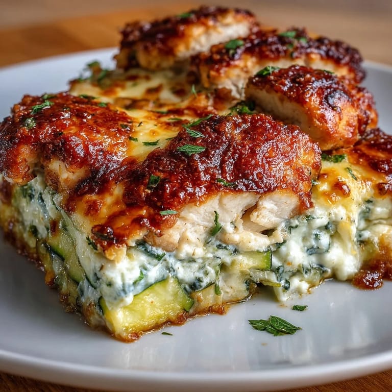 Sliced serving of High Protein Chicken Zucchini Bake on a white plate, garnished with fresh parsley.