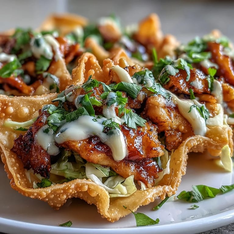 Sizzling, smoky-spiced chicken tucked inside crisp wonton shells, drizzled with creamy sriracha mayo and fresh cilantro.