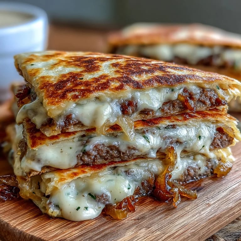 Freshly cut wedges of Cheesy Griddled Smashburger Quesadillas served on a rustic board, garnished with sliced pickles and sweet grilled onions.