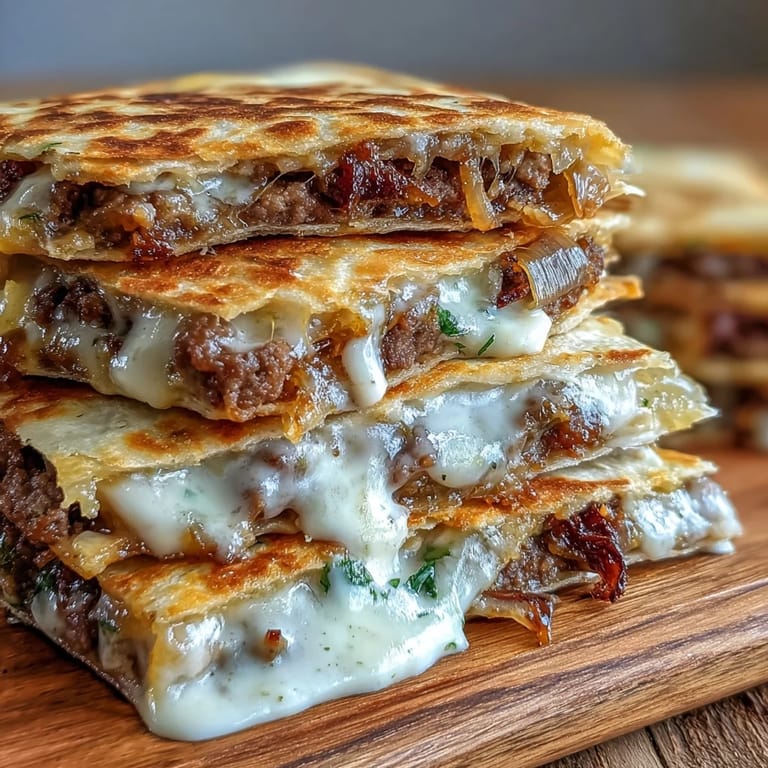 A close-up view of a Cheesy Griddled Smashburger Quesadilla wedge, showcasing crisp tortilla edges and juicy smashburger patties drizzled with mustard sauce.