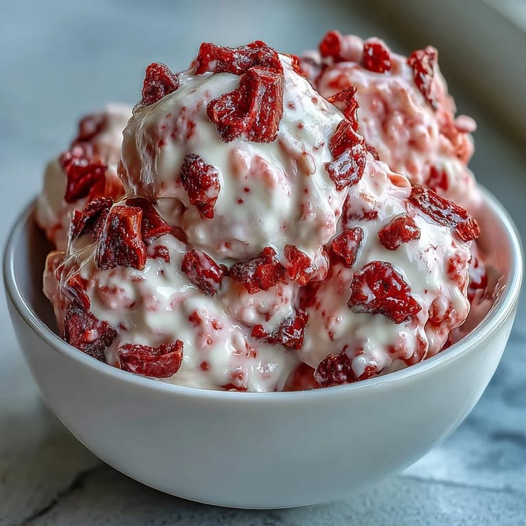 Close-up view of homemade Strawberry & Banana Yoghurt Clusters on a parchment-lined tray. The dessert is dotted with vibrant red strawberry swirls and crisp banana chips for a fruity bite.