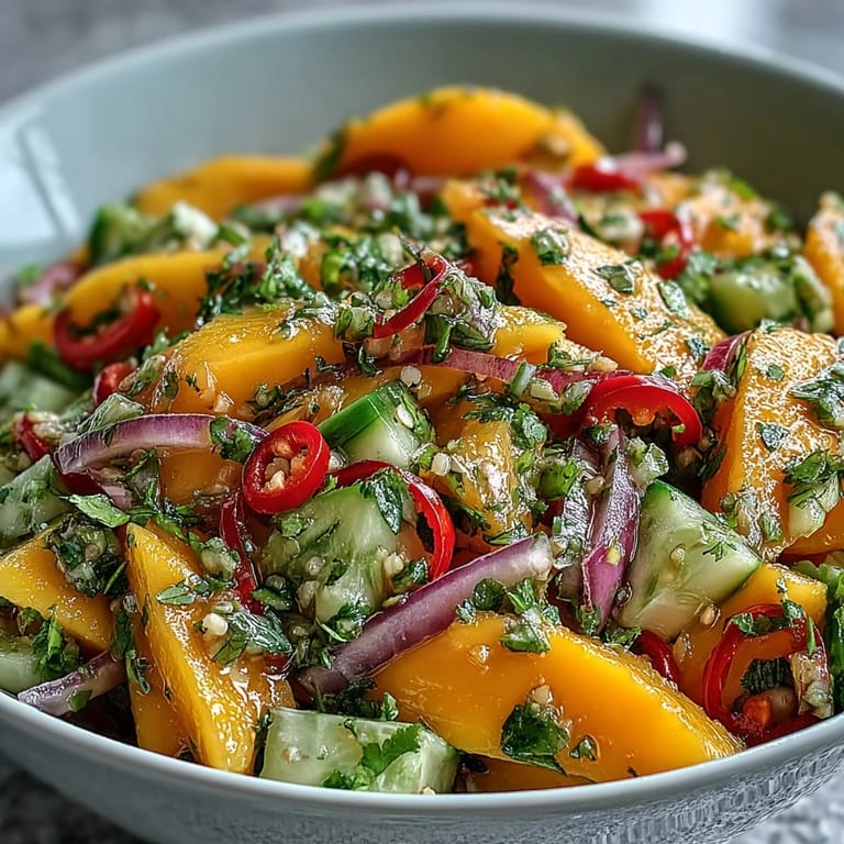 A close-up of the Refreshing Mango Salad shows juicy mango ribbons, thin red onion slices, and glistening lime dressing, offering a vibrant, tangy, and sweet bite.  