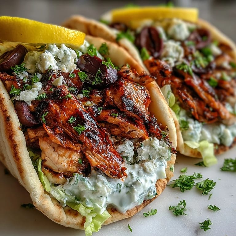 Sizzling Mediterranean Chicken Gyros in a skillet with garlic-oregano marinade, ready to be wrapped in flatbread with cool tzatziki sauce.