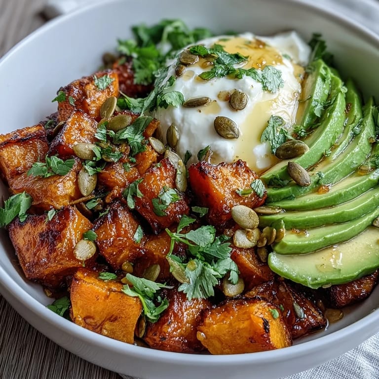 Vibrant vegetarian main dish featuring warm roasted sweet potatoes, cool cottage cheese, and avocado finished with a fiery honey glaze.