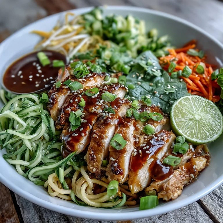 Freshly prepared Asian Chicken Noodle Bowl featuring marinated chicken, colorful peppers, and herbs, ready to be enjoyed with lime.