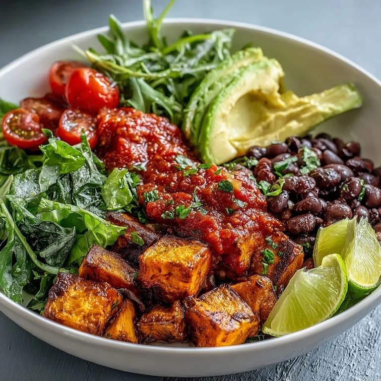 A freshly made Sweet Potato and Black Bean Bowl with roasted vegetables, creamy avocado, and fresh salsa, perfect for an easy vegetarian dinner.