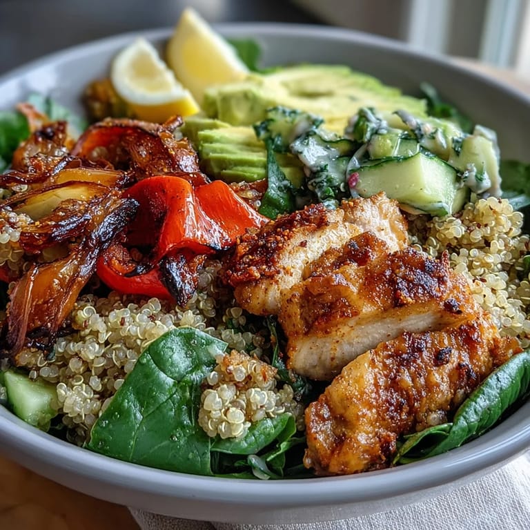 Colorful Paprika Roasted Vegetable Quinoa Bowl topped with fluffy quinoa, tender roasted veggies, and sliced avocado on a white plate.