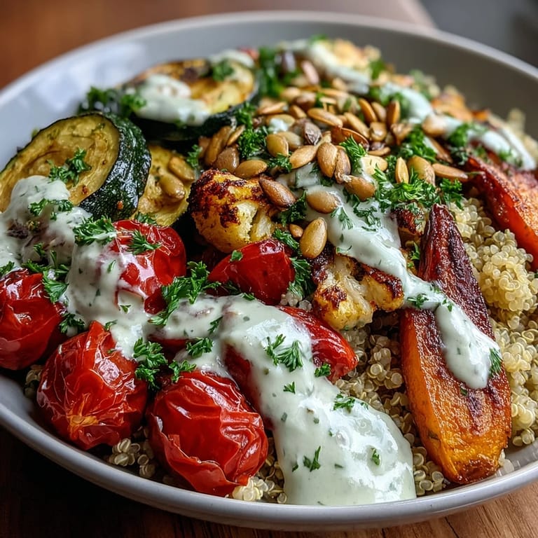 Vibrant Roasted Vegetable Quinoa Bowl garnished with toasted pumpkin seeds and chopped parsley, showcasing colorful medley of Mediterranean-inspired veggies.