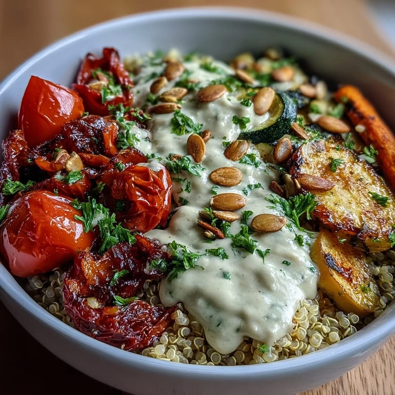 Sheet pan roasted vegetables, steaming quinoa, and rich tahini sauce combine in this wholesome, colorful bowl of Roasted Vegetable Quinoa Bowl.