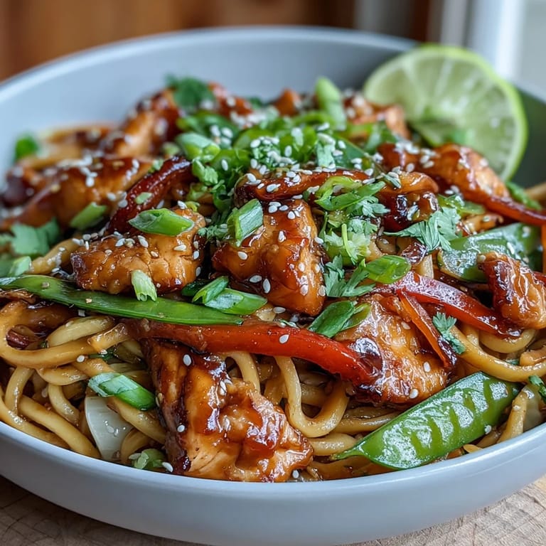 Close-up of Sesame Chicken Noodle Bowl highlighting juicy chicken strips, spring onions, and toasted sesame seeds over steaming noodles.