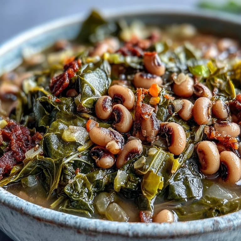 Close-up of Black-Eyed Peas With Collard Greens and cornbread, highlighting the hearty greens and beans in a savory broth.
