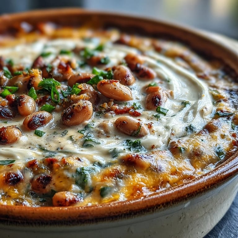 Freshly baked Hot Black-Eyed Pea Dip with visible diced jalapeños, green onions, and red bell pepper.