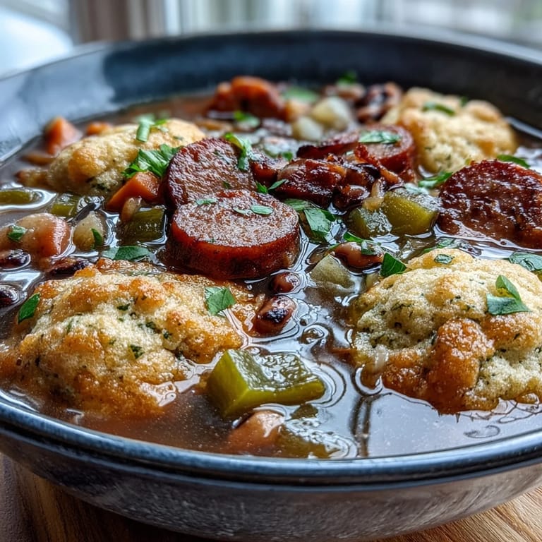 Close-up of tender vegetables and sliced sausage in a rich broth beneath fluffy Black-Eyed Peas and Sausage dumplings.