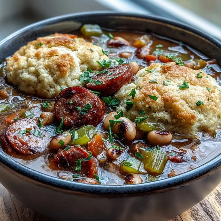 Golden, steaming dumplings peek out from a savory bowl of Black-Eyed Peas and Sausage, garnished with fresh parsley. 
