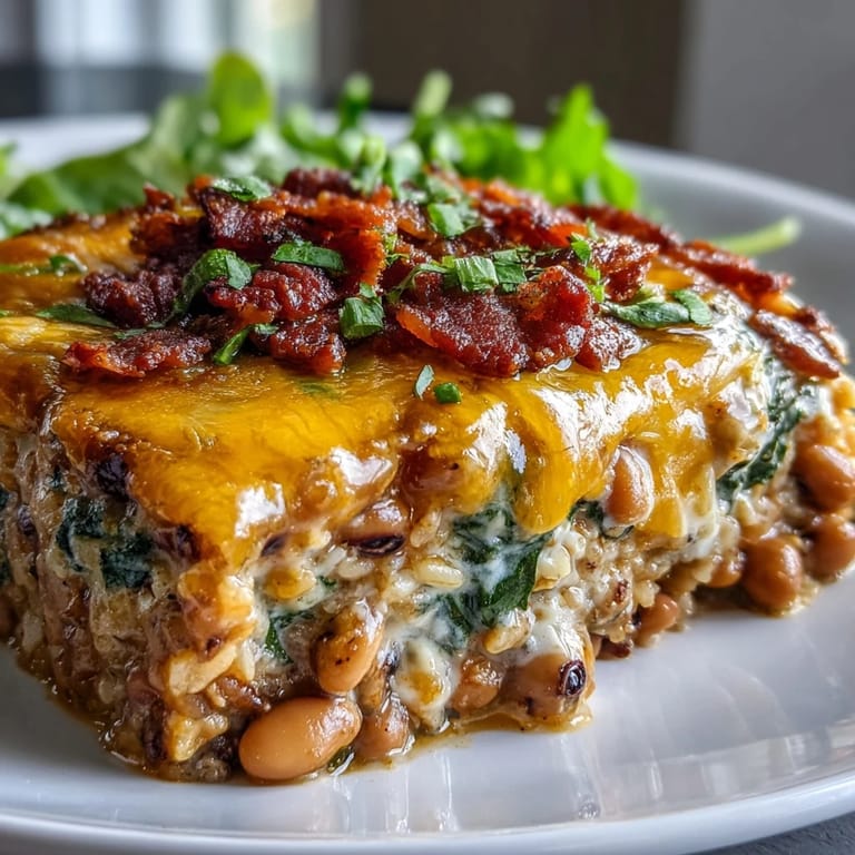 Close-up of Tex Mex Black Eyed Pea Casserole revealing tender spinach, black-eyed peas, and smoky bacon in a rich, cheesy layer.