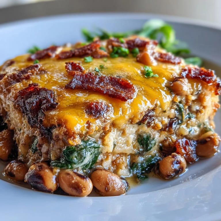 A hearty Tex Mex Black Eyed Pea Casserole topped with melted cheddar, served hot with fresh cilantro and sliced avocado.