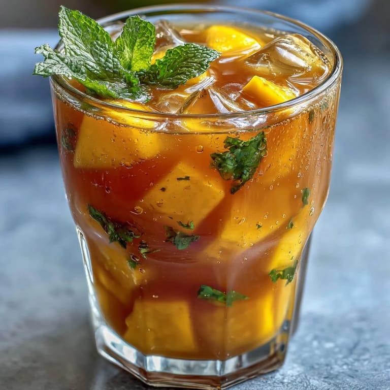 Refreshing homemade Mango Peach Iced Tea with Mint, featuring vibrant fruit colors and chilled in a tall glass with plenty of ice.