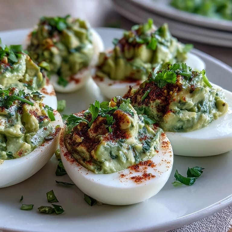 Vibrant green avocado deviled eggs garnished with chives and dill, a fresh twist on a classic appetizer.