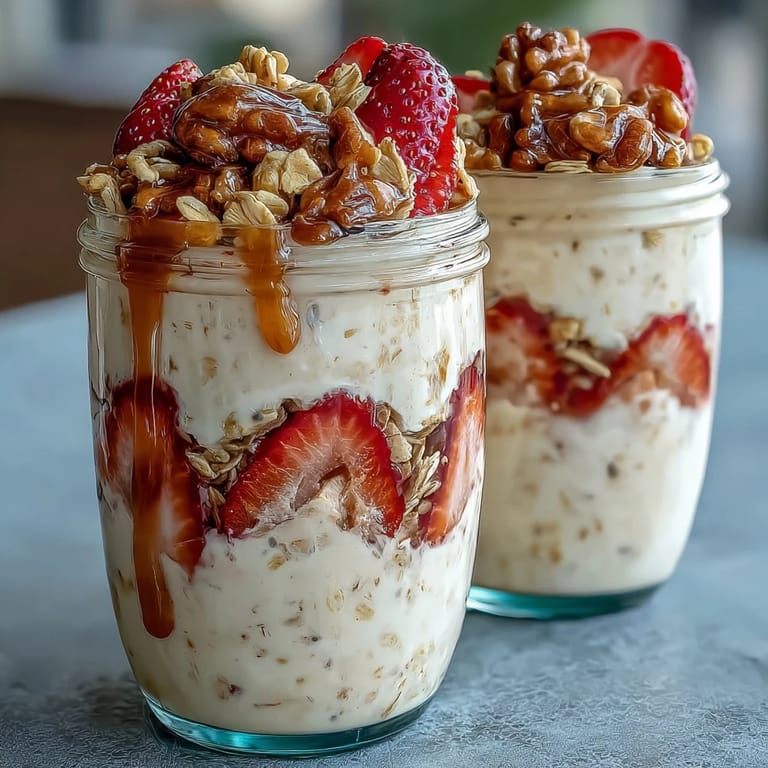 Strawberry overnight oats with chia seeds, granola, and juicy berries in a jar for a make-ahead morning meal.