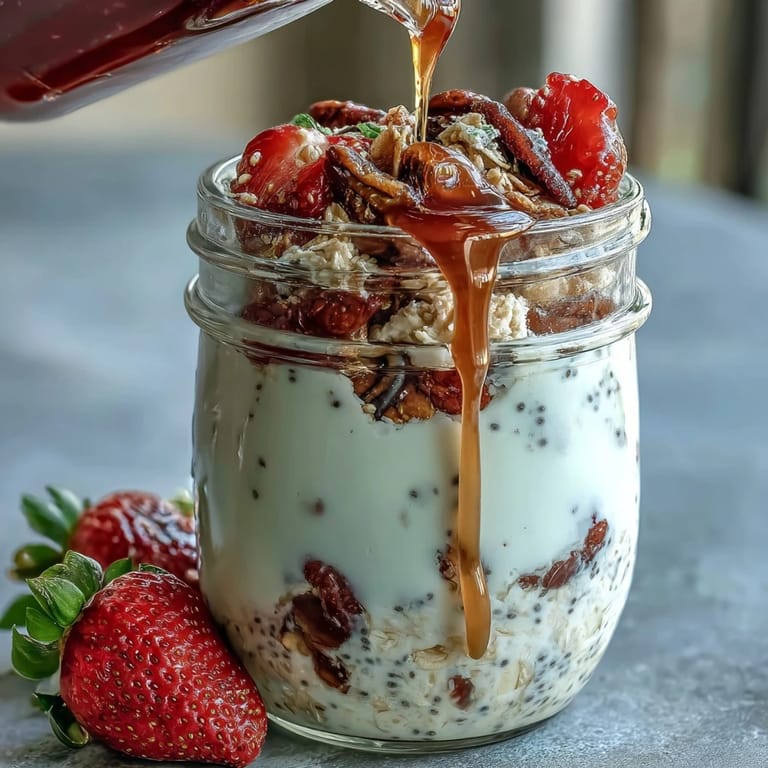 Layered strawberry overnight oats with chia seeds and crunchy granola, perfect for a nutritious and delicious breakfast.