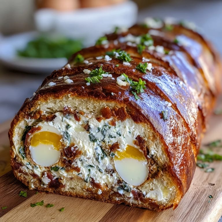 Festive Italian Easter Savory Pie with Hard-Boiled Eggs and Ham, featuring a stunning cross-section of whole eggs nestled in rich, cheesy filling.
