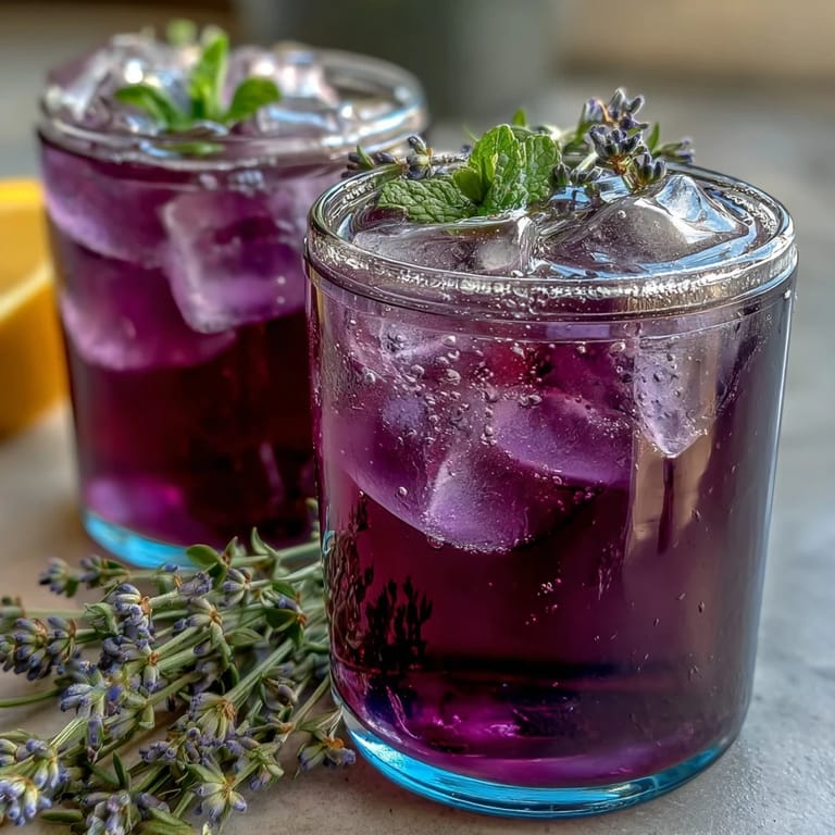 Refreshing lavender lemonade infused with cooling mint, served over ice in a clear glass pitcher with lemon wedges.