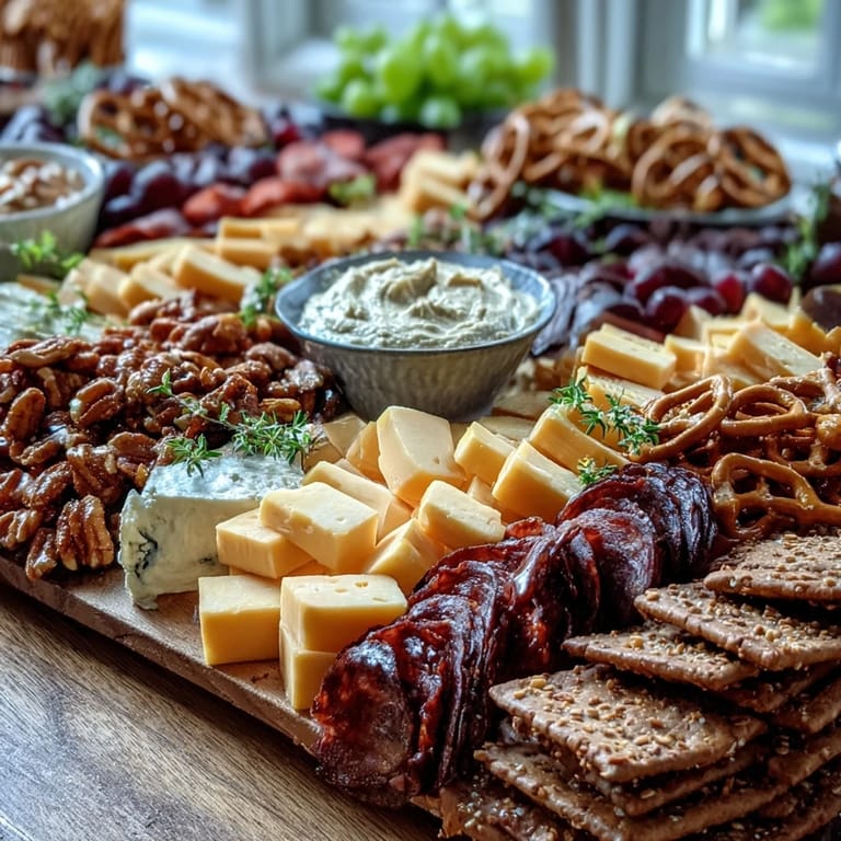 An inviting snack board featuring cheese, meats, fruits, and sweets arranged for a joyful grad party spread with vibrant variety.