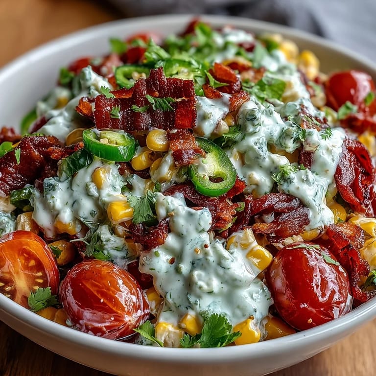 Creamy Corn Salad with Jalapeño served chilled, with colorful vegetables and a creamy, spicy kick.