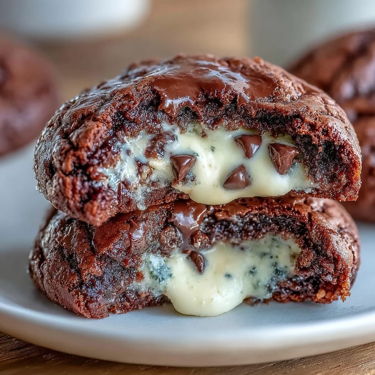 Soft and chewy brownie cookies stuffed with creamy cheese filling, offering a delightful contrast of textures and flavors.