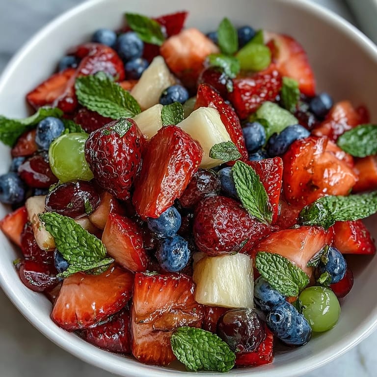 Colorful fruit salad bursting with strawberries, blueberries, and watermelon in a bright lemonade glaze.
