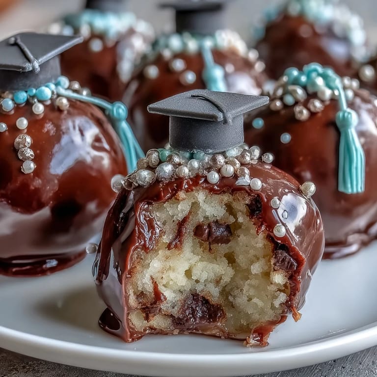 Hand-dipped chocolate-covered cake pops with edible glitter and tassel accents, perfect for graduation parties.  