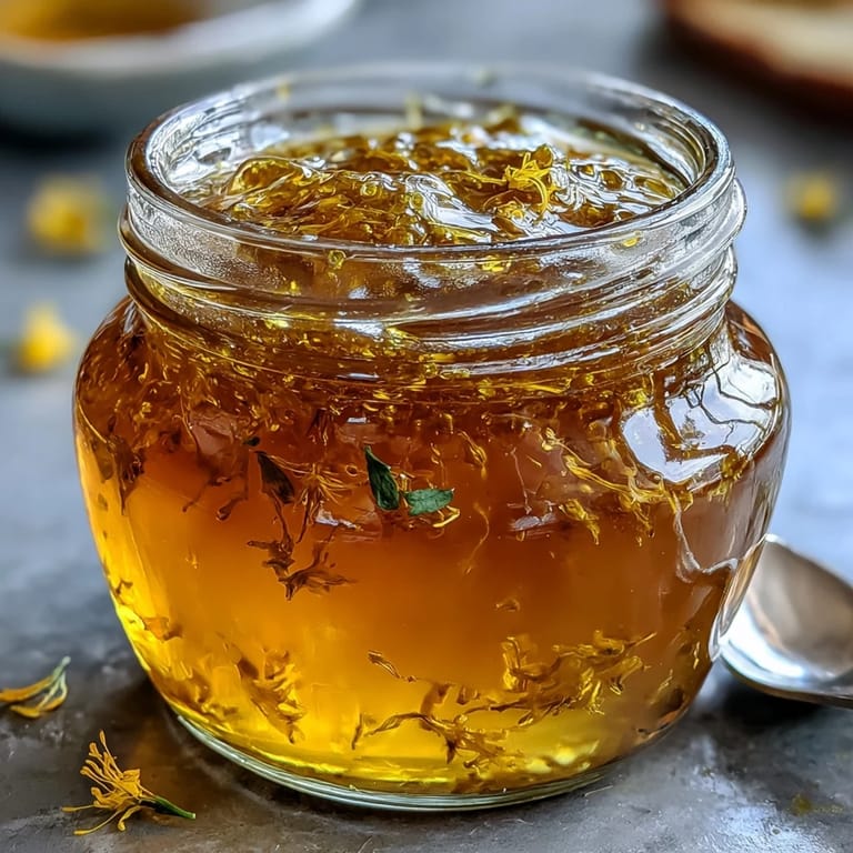 Close-up of a spoon dipping into a jar of translucent, golden dandelion jelly, highlighting its smooth texture.
