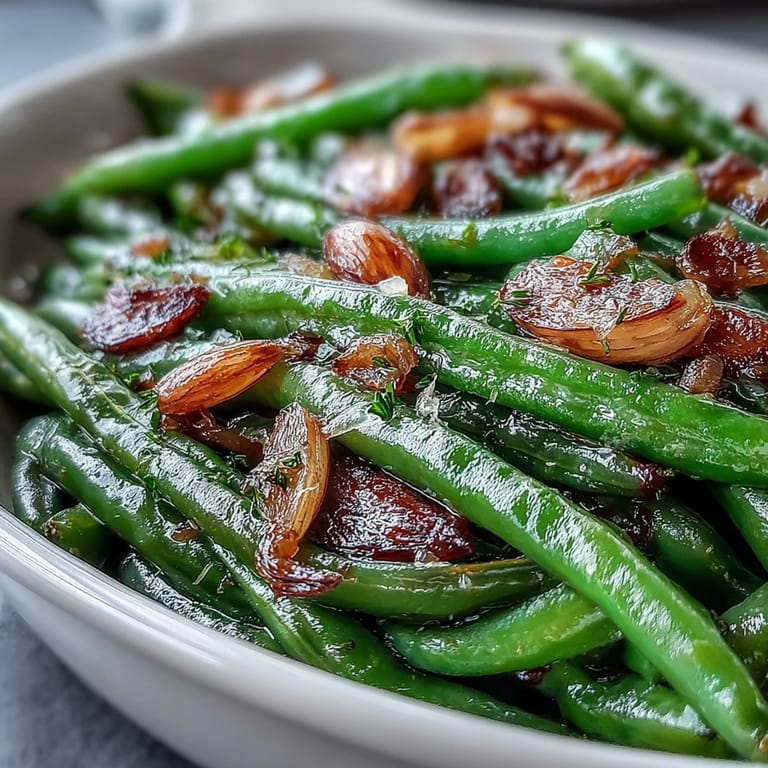 Tender roasted green beans tossed with golden garlic, finished with lemon zest and crunchy almonds for a savory Easter side.