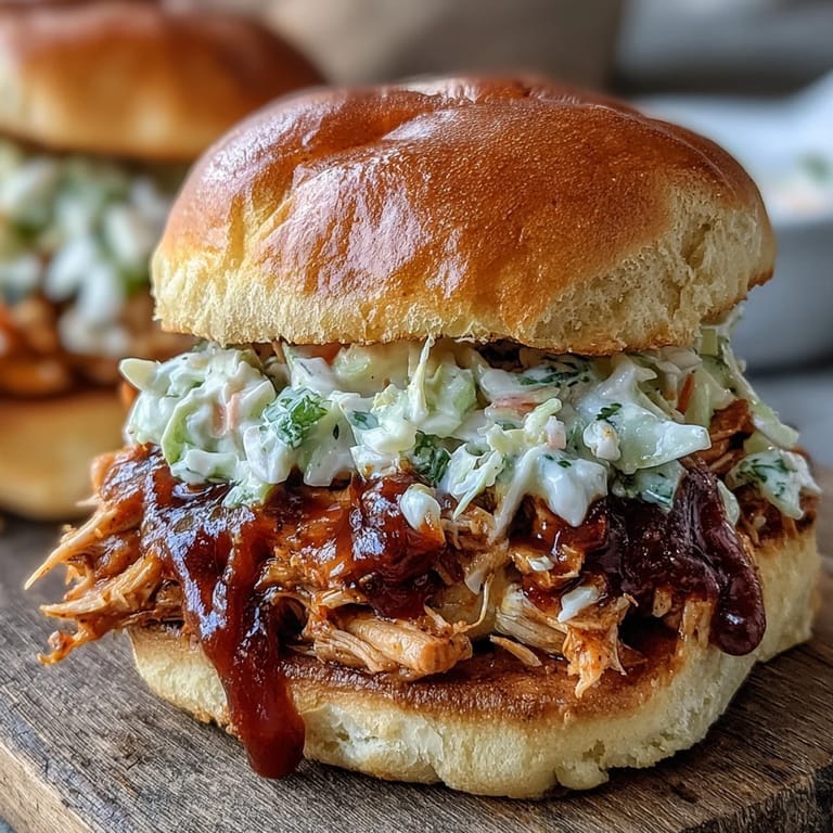 Slow-cooked shredded chicken smothered in rich BBQ sauce, served on brioche buns for a classic American sandwich.  