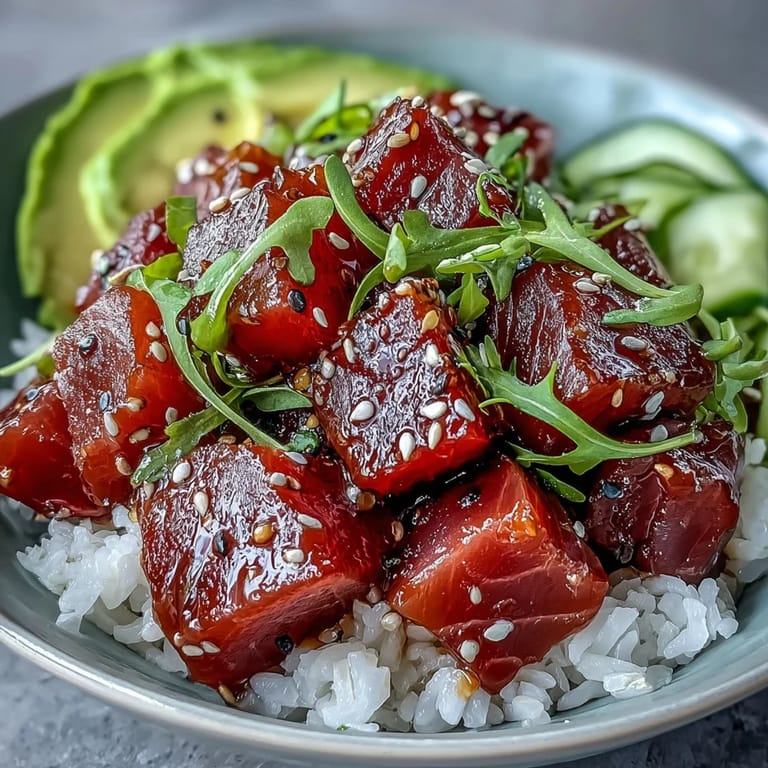 This Spring Tuna Poke Bowl features marinated tuna nestled over fluffy rice with fresh toppings.